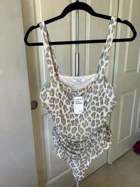AFRM Sand Animal Print Ruched Square Neck Bodysuit Size XL